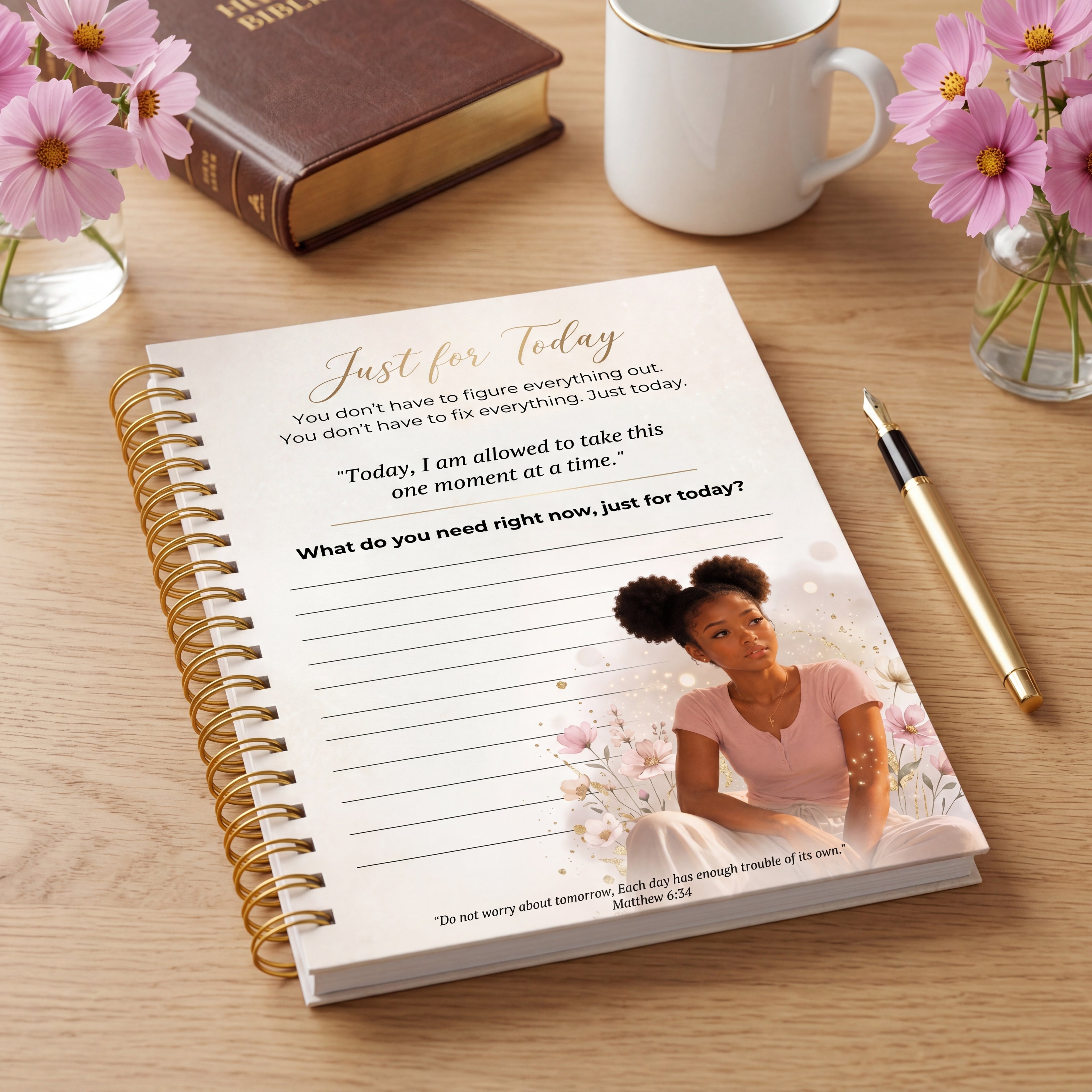 Black Young Girl Christian Journal Page, Daily Reflection Mental Health Printable, Faith Based Anxiety Relief Worksheet, Matthew 6:34 Scripture