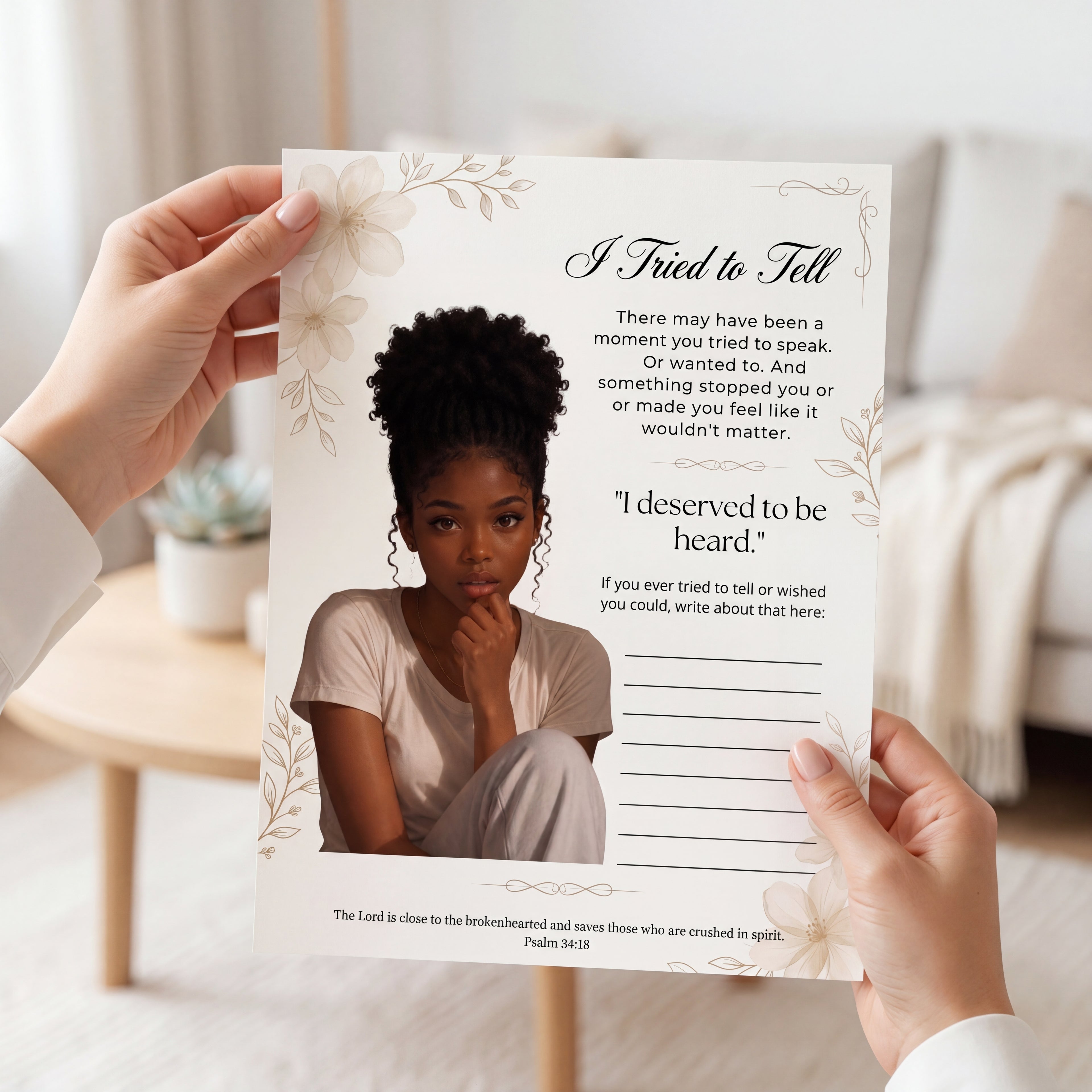 Black Young Teenager Christian Journal Printable | Trauma Healing Therapy Worksheet | Psalm 34:18 Mental Health Journal Page | Prayer Planner Insert